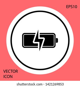 Black Battery icon isolated on red background. Lightning bolt symbol. White circle button. Vector Illustration