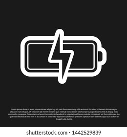 Black Battery icon isolated on black background. Lightning bolt symbol. Vector Illustration