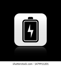 Black Battery icon isolated on black background. Lightning bolt symbol. Square button vector Illustration