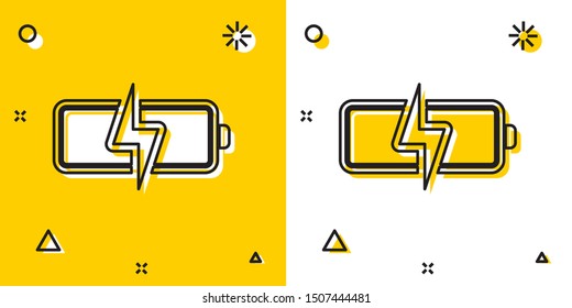 Black Battery icon isolated on yellow and white background. Lightning bolt symbol. Random dynamic shapes. Vector Illustration