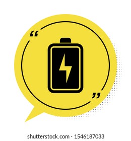 Black Battery icon isolated on white background. Lightning bolt symbol. Yellow speech bubble symbol. Vector Illustration