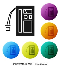 Black Battery icon isolated on white background. Accumulator battery energy power and electricity accumulator battery. Set icons colorful circle buttons. Vector Illustration