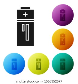 Black Battery icon isolated on white background. Lightning bolt symbol. Set icons colorful circle buttons. Vector Illustration