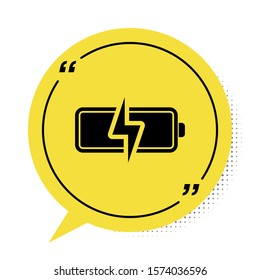 Black Battery icon isolated on white background. Lightning bolt symbol. Yellow speech bubble symbol. Vector Illustration