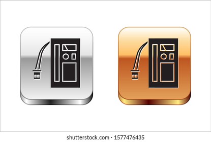 Black Battery icon isolated on white background. Accumulator battery energy power and electricity accumulator battery. Silver-gold square button. Vector Illustration