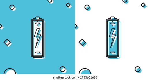Icono de la batería negra aislado en fondo azul y blanco. Símbolo de rayo. Formas dinámicas aleatorias. Ilustración vectorial