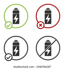 Black Battery icon isolated on white background. Lightning bolt symbol. Circle button. Vector