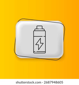 Schwarzer Akku einzeln auf gelbem Hintergrund. Symbol für Blitzschlag. Schaltfläche mit silbernem Rechteck. Vektorgrafik