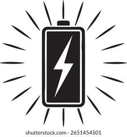 Black battery icon with lightning bolt and radiating lines isolated on transparent background