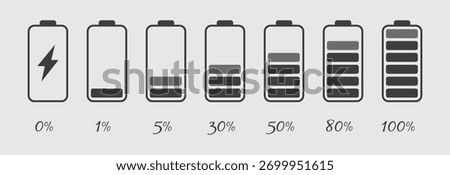 Black Battery Icon Set — Power and Battery Level Indicator Vector


