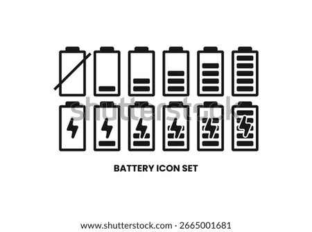 Black battery icon set showing charging, full, medium, low, and empty levels. Ideal for energy, electricity, technology, mobile apps, renewable power, battery status, and electronic device UI design
