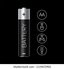 Black battery. Icon wireless mouse, icon wireless joystick, icon flashlight