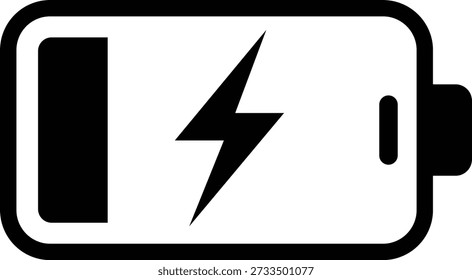 Black battery with lightning bolt symbol indicating charging on white background power energy
