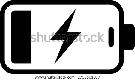Black battery with lightning bolt symbol indicating charging on white background power energy