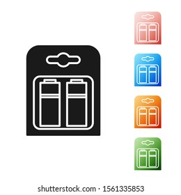 Black Battery in pack icon isolated on white background. Lightning bolt symbol. Set icons colorful. Vector Illustration