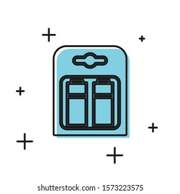 Black Battery in pack icon isolated on white background. Lightning bolt symbol.  Vector Illustration