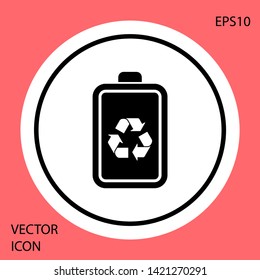 Black Battery with recycle symbol line icon isolated on red background. Battery with recycling symbol - renewable energy concept. White circle button. Vector Illustration