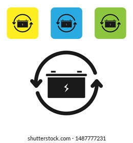 Black Battery with recycle symbol line icon isolated on white background. Battery with recycling symbol - renewable energy concept. Set icons colorful square buttons. Vector Illustration