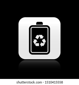 Black Battery with recycle symbol line icon isolated on black background. Battery with recycling symbol - renewable energy concept. Silver square button. Vector Illustration