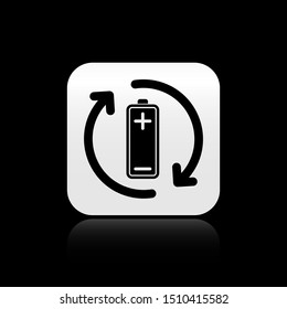 Black Battery with recycle symbol line icon isolated on black background. Battery with recycling symbol - renewable energy concept. Silver square button. Vector Illustration