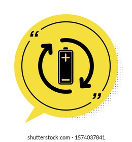 Black Battery with recycle symbol line icon isolated on white background. Battery with recycling symbol - renewable energy concept. Yellow speech bubble symbol. Vector Illustration