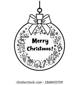 Black bauble with bow pattern of festive cartoon symbols and inscription Merry Christmas inside hanging on white background