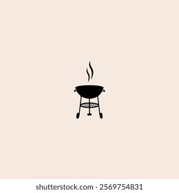 Black BBQ Grill Cooking with Smoke and Flame icon flat vector design.