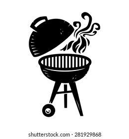 Black BBQ Grill Cooking with Smoke and Flame vector icon