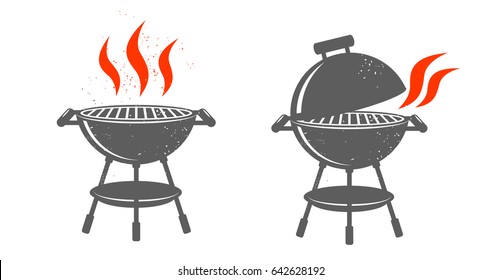 Black BBQ Grill illustrations with red fire on white background.