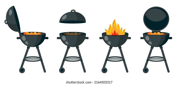 Black Bbq Grill Isolated.  Set Of Different Braziers With Hot Coals, Lid, Fire, Charcoal. Vector Cartoon Illustration For Barbeque Card Design, Poster, Holiday Template, Summer Picnic