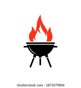 Black bbq grill with red fire, icon isolated on white background. American party on backyard. Flat simple design. Vector illustration.