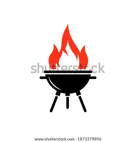 Black bbq grill with red fire, icon isolated on white background. American party on backyard. Flat simple design. Vector illustration.