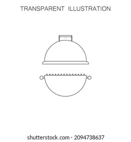 Black bbq grill vector illustration with fire and open lid on white background. Transparent and thin line outline. Editable template. 