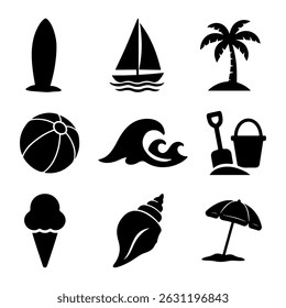Black beach icons set, isolated summer elements clip art