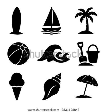 Black beach icons set, isolated summer elements clip art
