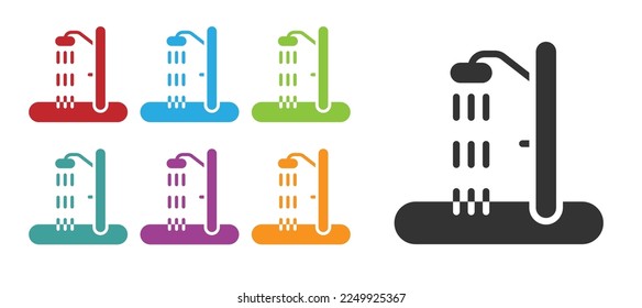 Icono de ducha de la playa negra aislado de fondo blanco. Indique los iconos en colores. Vector