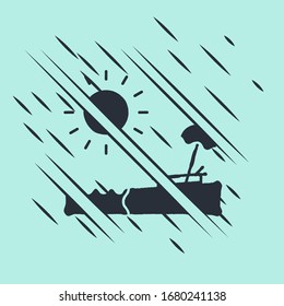 Black Beach with umbrella and chair icon isolated on green background. Tropical beach landscape. Good sunny day. Glitch style. Vector Illustration