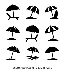 Black beach umbrella icons set, isolated summer elements