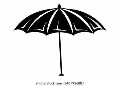 Black beach umbrella with a simple geometric design. Minimalist style, monochrome artwork, weather protection concept. Black silhouette isolated on white background.