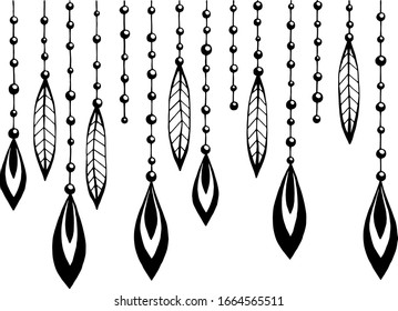 Black beads with decorations on a thread can be used as a fabric design, home textiles, wallpaper and other design.