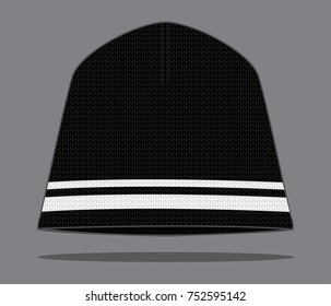 Black Beanie Hat With Double White Lines Design On Gray Background, Vector File.