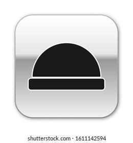 Black Beanie hat icon isolated on white background. Silver square button. Vector Illustration