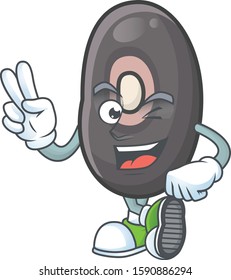 Black beans cartoon mascot style with two fingers