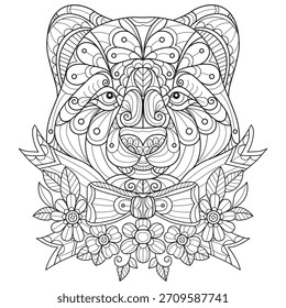 Black bear and beautiful bow hand drawn for adult coloring book