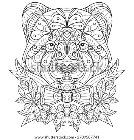 Black bear and beautiful bow hand drawn for adult coloring book