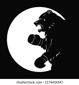 Black bear in Boxing gloves. Silhouette of a wild animal. Emblem of snarling beast. Art design for sport event. Vector illustration