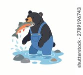 Black Bear Catching Salmon In River Illustration Containing wildlife animal mascot, fishing action pose, and water splash effect