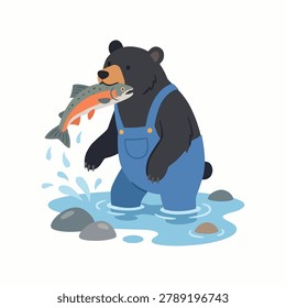 Black Bear Catching Salmon In River Illustration Containing wildlife animal mascot, fishing action pose, and water splash effect