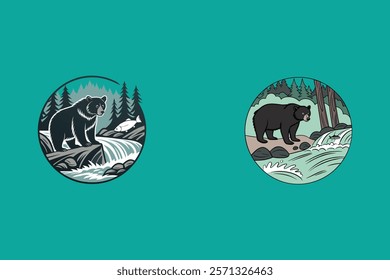  Black bear catching salmon in a rushing river, vibrant vector artwork with natural and dynamic wildlife scenery.