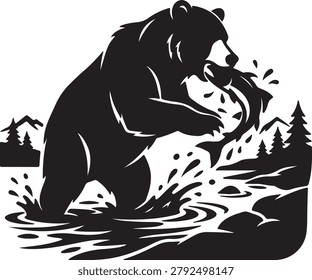 Black bear catching salmon silhouette wildlife illustration